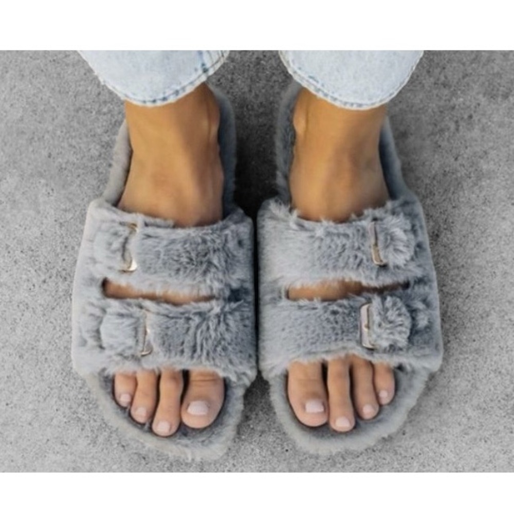 WOMENS FAUX FUR SLIP ON SLIDE SANDALS